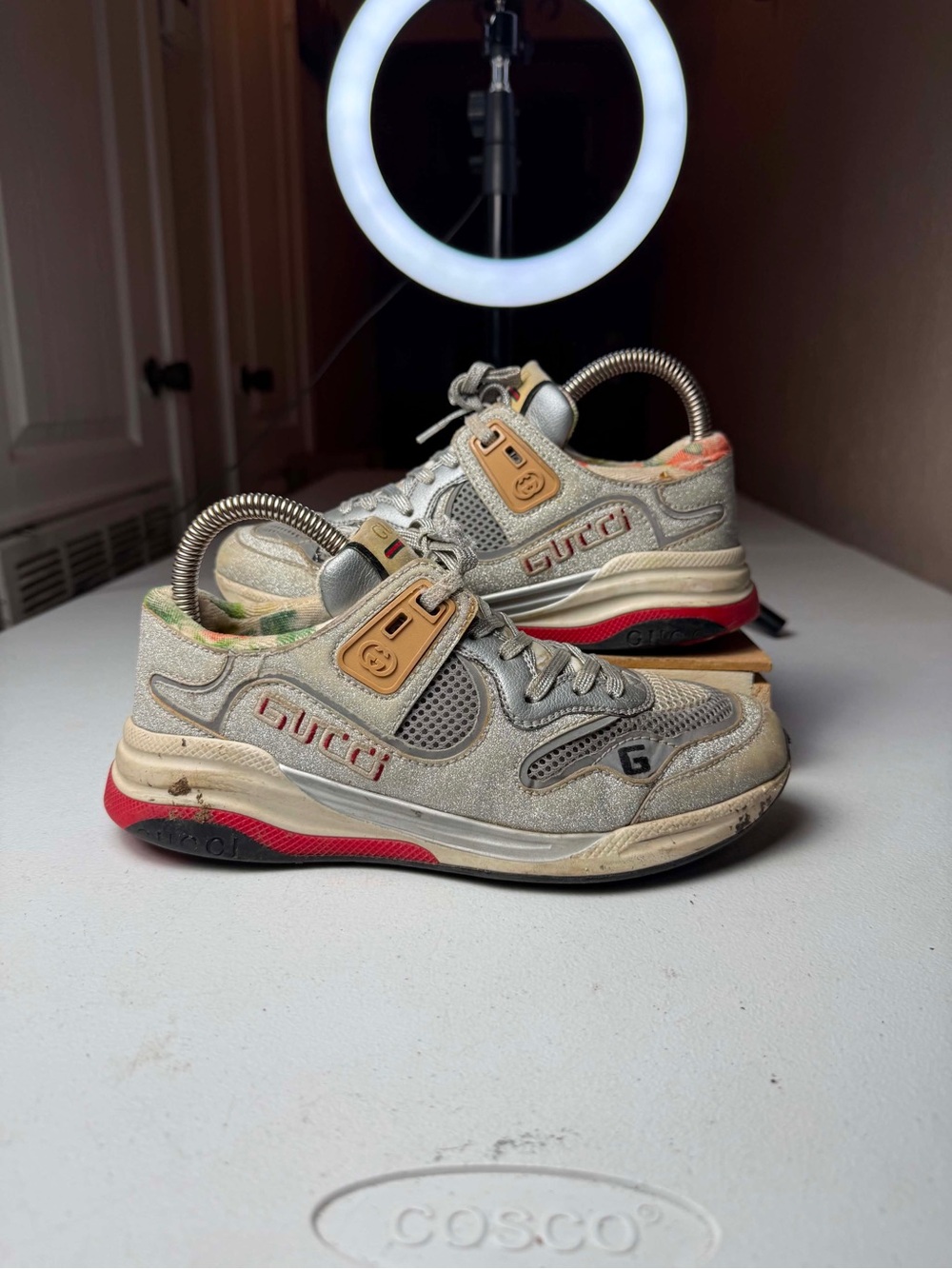 GUCCI SNEAKERS SILVER LEATHER SHOES SHINY GLITTER Sz 35 / US 5 beat damage